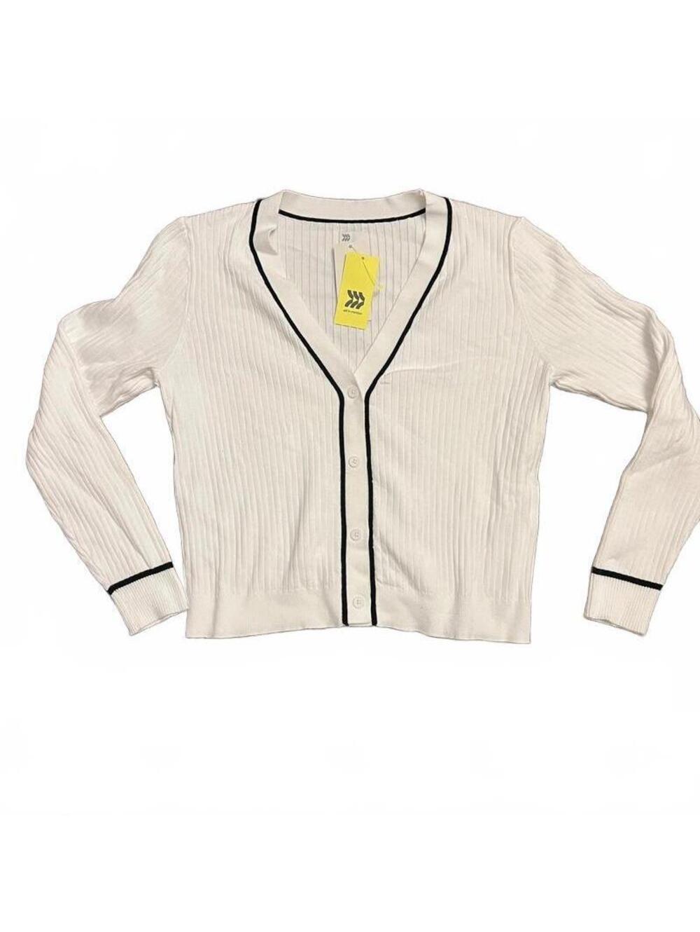 All in Motion Women's White Ribbed Button-Up Cardigan with Black Trim, Size XL,